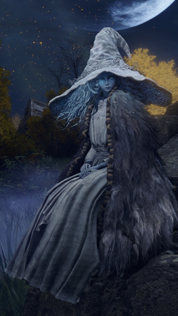 大きな帽子をかぶった、青い肌の魔女